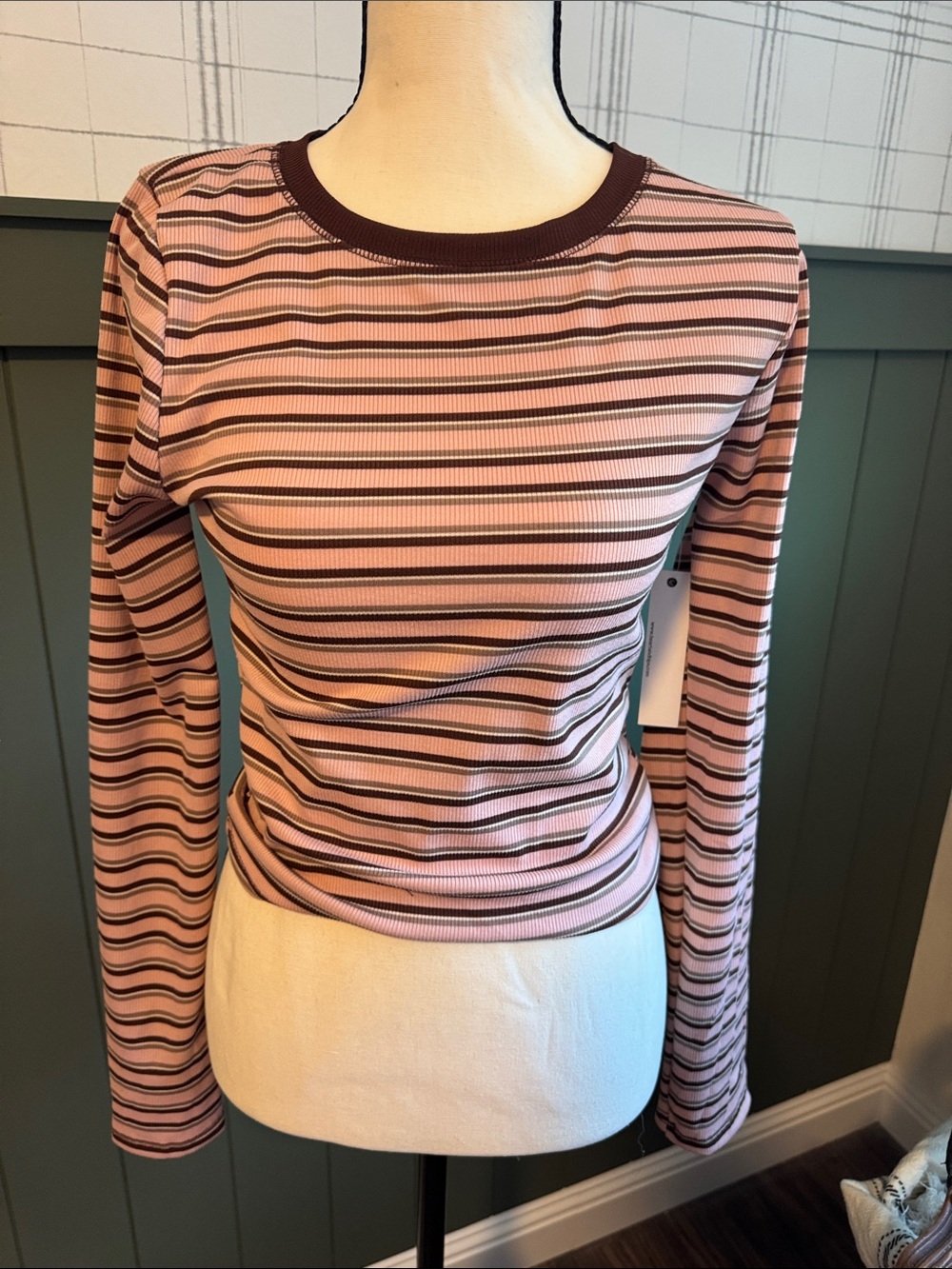 Ribbed Striped Long-Sleeve Tee in Pink and Brown